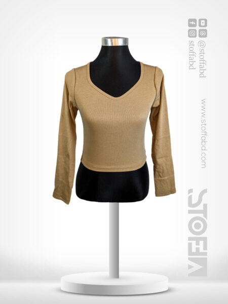 V Neck Plain Full Sleeve Crop Top Blouse For Women