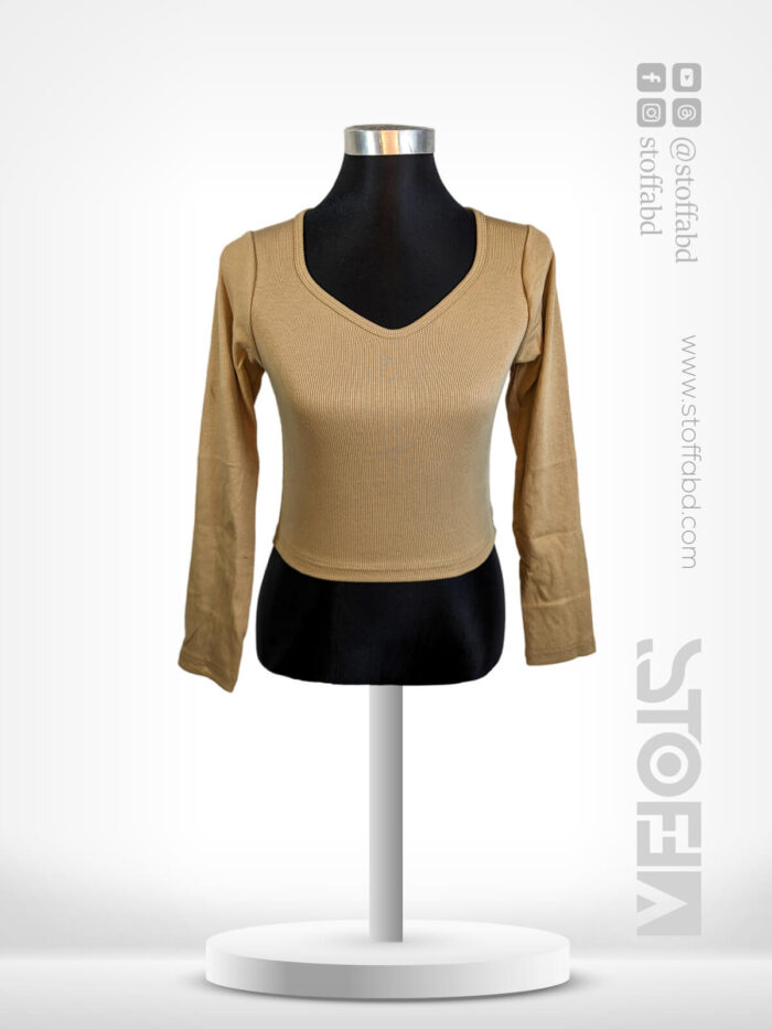 V Neck Plain Full Sleeve Crop Top Blouse For Women