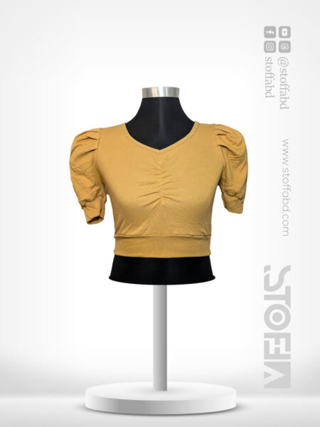 Korean Neck Puff Half Sleeve Ribbed Cotton Crop Top Blouse