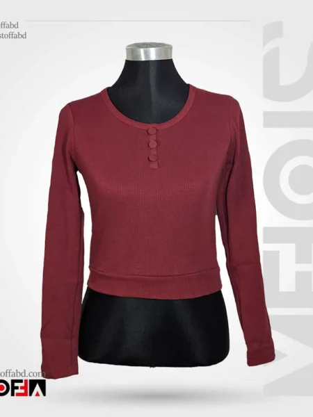 Show Button semi round neck Plain full sleeve ribbed cotton crop tops/blouse
